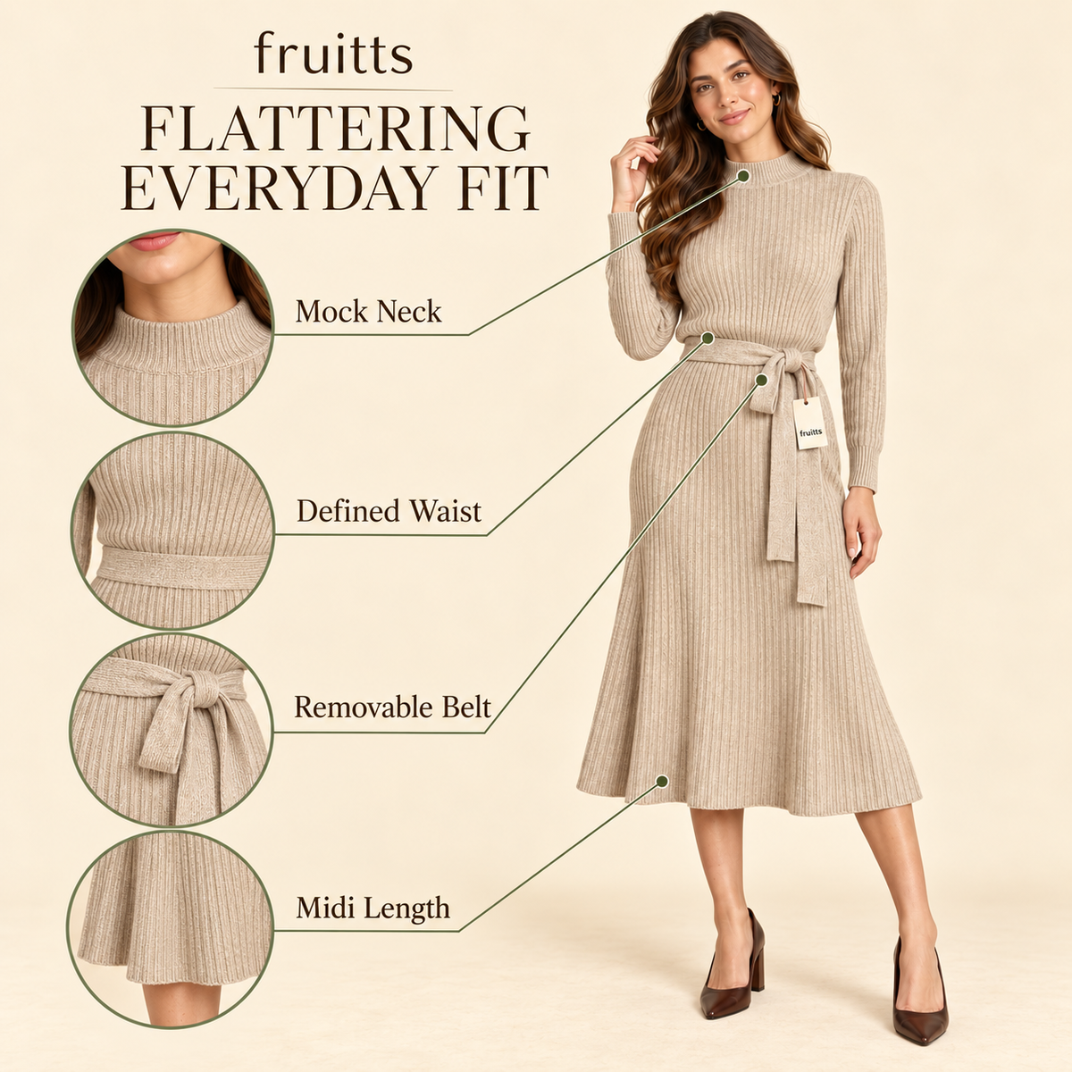 Oatmeal half turtleneck lace-up midi skirt
