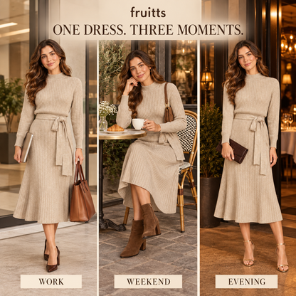 Oatmeal half turtleneck lace-up midi skirt