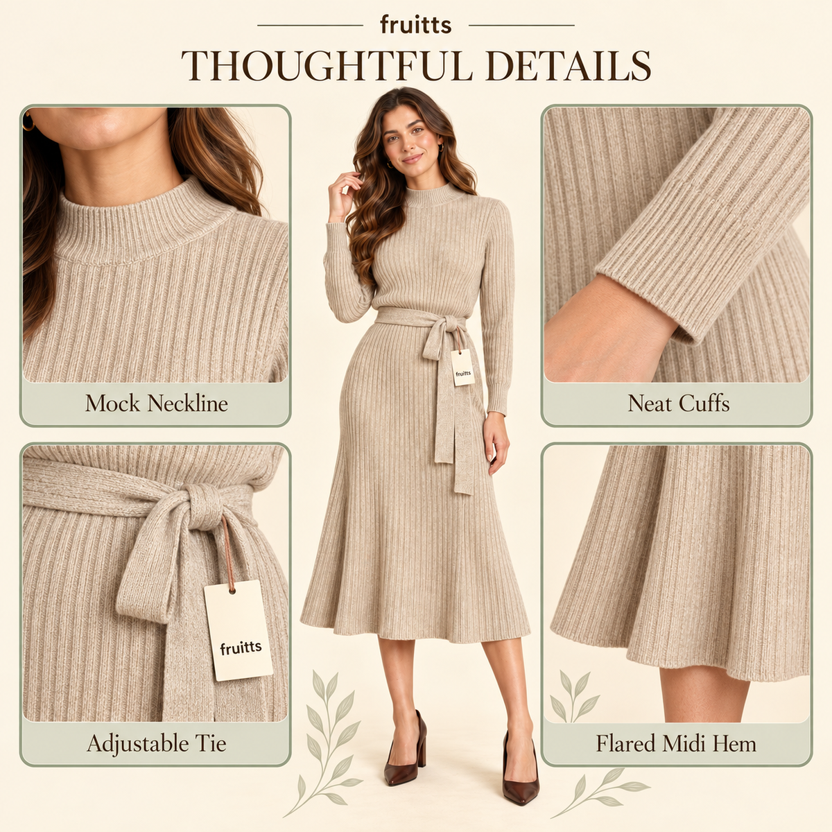 Oatmeal half turtleneck lace-up midi skirt