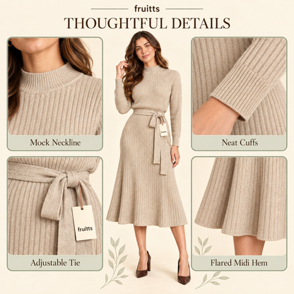 Oatmeal half turtleneck lace-up midi skirt