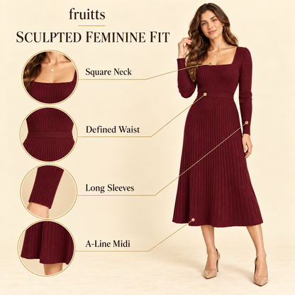 Burgundy A-line dress with a square neckline and fitted waist.
