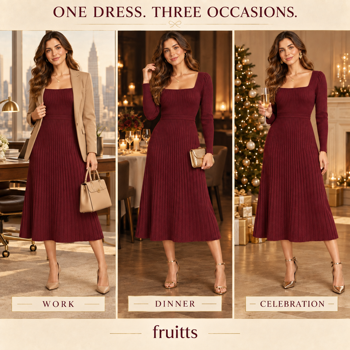 Burgundy A-line dress with a square neckline and fitted waist.