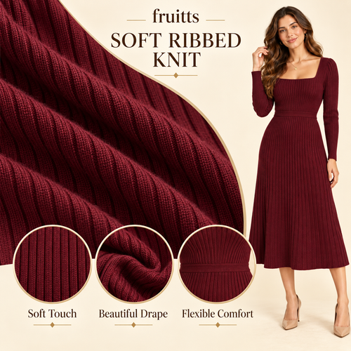 Burgundy A-line dress with a square neckline and fitted waist.